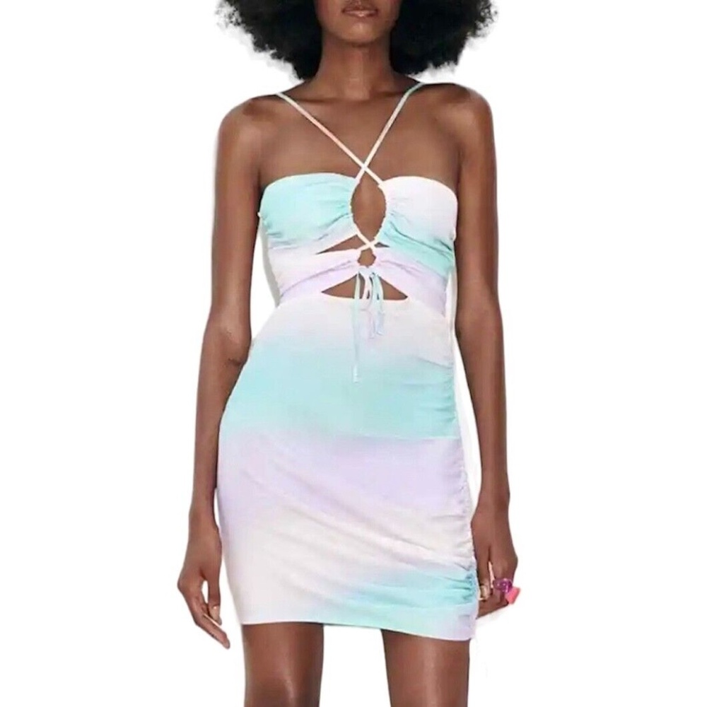 New Zara Pastel Tie Dye Satin Ruched Cut Out Strappy Mini Dress 4688/207 Size XS